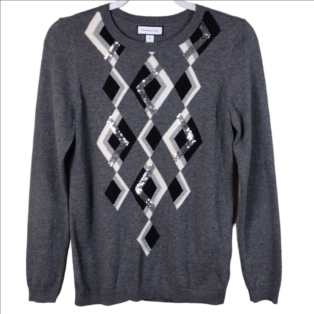 Charter Club Gray Argyle Silver Sequin Crew Neck Long Sleeve Pullover Sweater